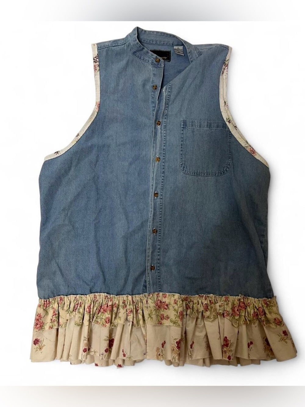 Sleeveless Denim Casual Dress with Floral Ruffle Hem